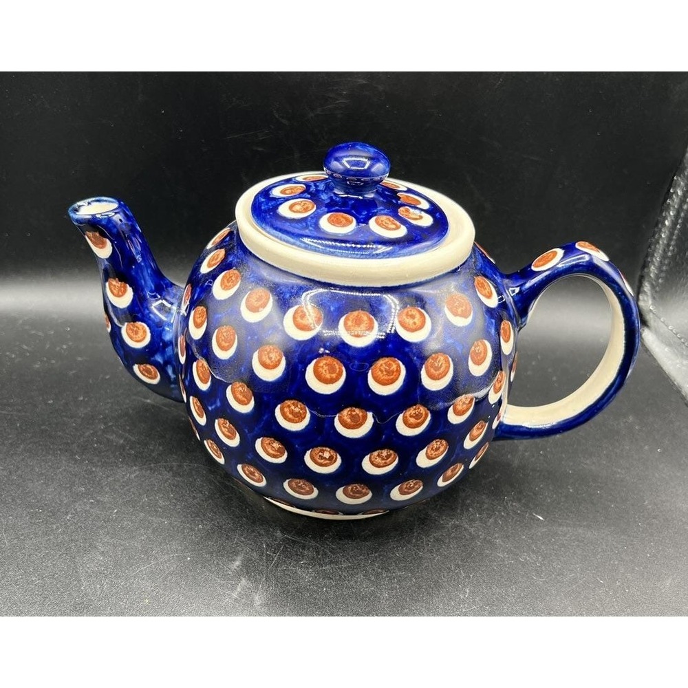 Bolesławiec Polish Pottery Round Teapot Dots Stoneware Handmade in Poland